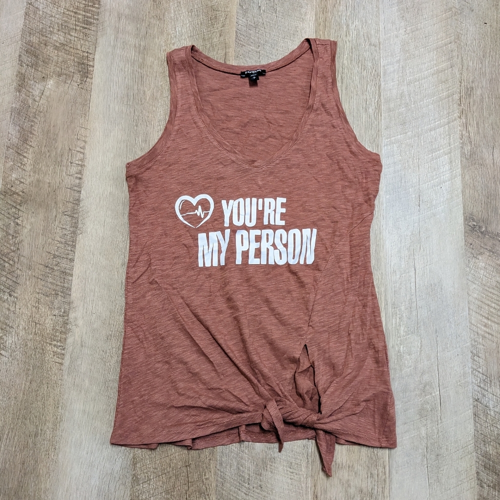 Express Sleeveless Active Top "You're my person" Front Knot